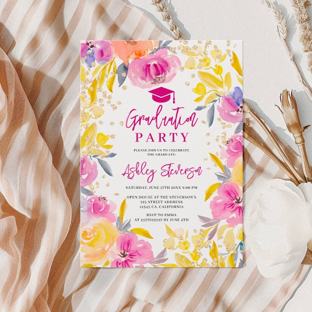 Bohemian purple gold floral photo graduation invitation (Bohemian purple gold floral photo graduation invitation)