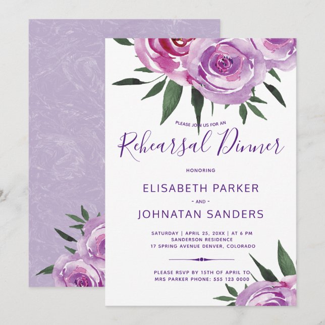 Bohemian purple rustic peonies rehearsal dinner invitation (Front/Back)