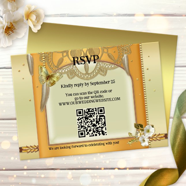 Bohemian QR Code Dreamcatcher Wedding RSVP Card (RSVP card featuring a dreamcatcher inspired gold design with feathers with a QR code template)