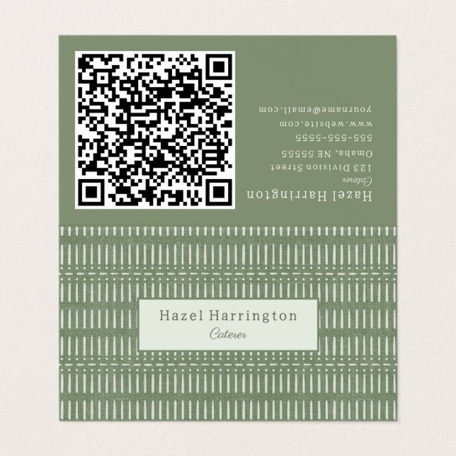 Bohemian QR Code Folded Business Card Sage Green  (Outside Unfolded)