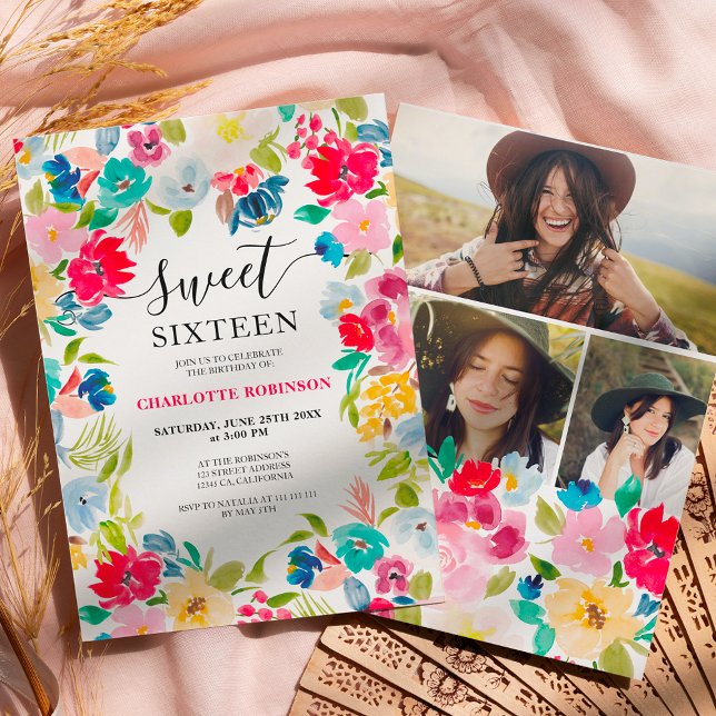 bohemian red blue floral photo Sweet 16 Invitation (bohemian red blue floral photo Sweet 16 Invitation)