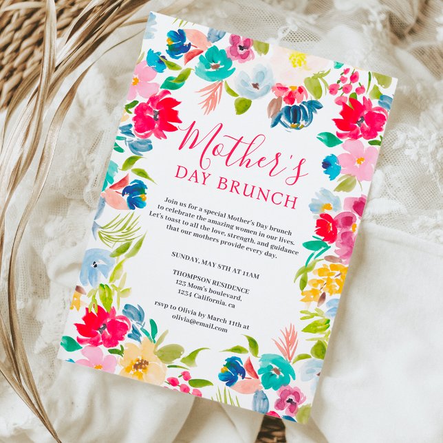 bohemian red blue floral watercolor mother's day invitation (bohemian red blue floral watercolor mother's day invitation)
