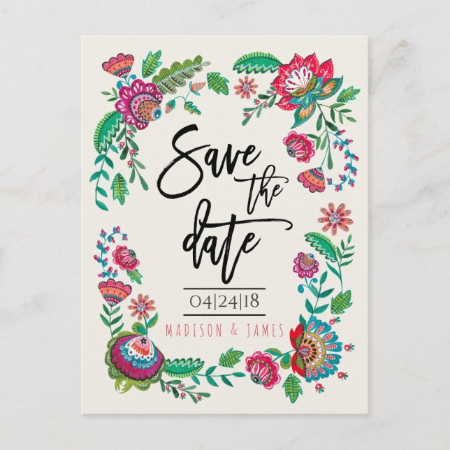 Bohemian Red & green Folk Flowers | Save the Date Announcement Postcard (Front)