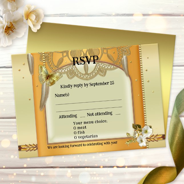 Bohemian Retro Dreamcatcher Wedding RSVP Card (RSVP card featuring a gold dreamcatcher inspired design with feathers)