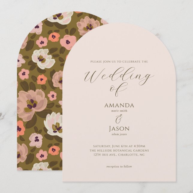 Bohemian romantic painted floral garden wedding invitation (Front/Back)
