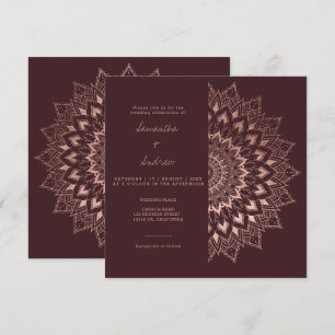Bohemian rose gold floral mandala chic red wedding invitation