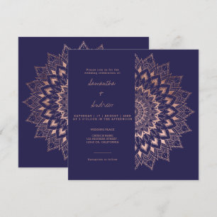 Bohemian rose gold floral mandala navy wedding invitation