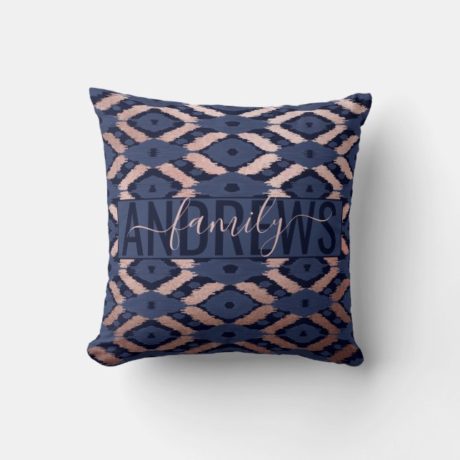 Bohemian Rose Gold Navy Blue Ikat Pattern Monogram Cushion (Front)