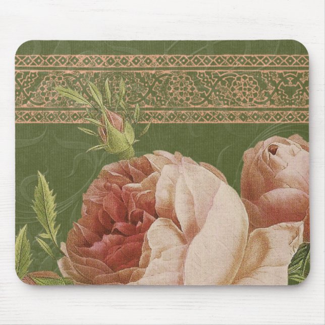 BOHEMIAN ROSE in Peach and Olive Green Mouse Mat (Front)