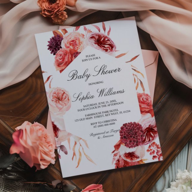 Bohemian Rose Marsala Baby Shower Invitation (Creator Uploaded)