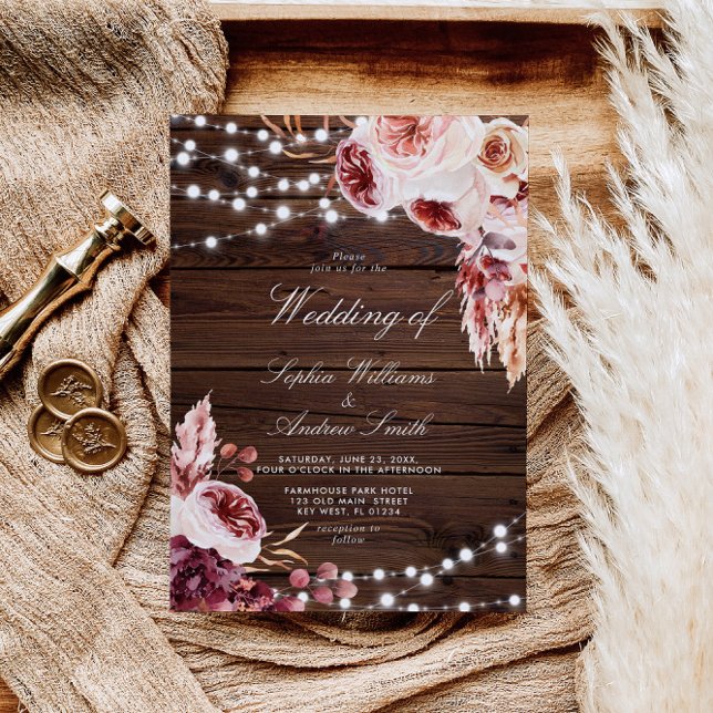 Bohemian Rose Rustic Wood Wedding Invitation (Creator Uploaded)