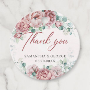 Bohemian roses eucalyptus gold frame wedding favour tags