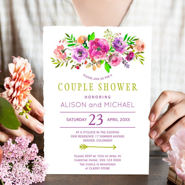 Bohemian rustic purple green floral couple shower invitation (Creator Uploaded)