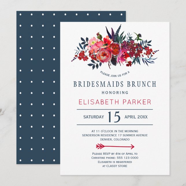 Bohemian rustic red navy floral bridesmaids brunch invitation (Front/Back)