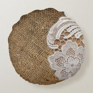 bohemian rustic western country burlap and lace round cushion