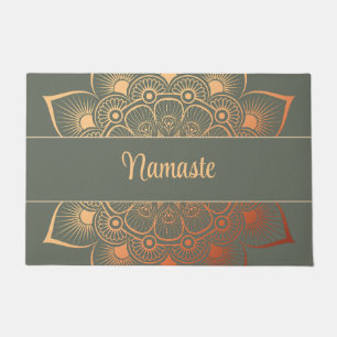 Bohemian Sage Green and Peach Mandala Custom Text  Doormat