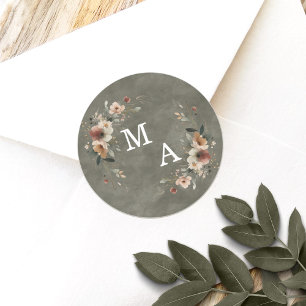 Bohemian Sage Green Floral Wreath Wedding Monogram Classic Round Sticker