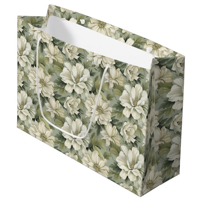 Bohemian sage green flowers large gift bag (Front Angled)