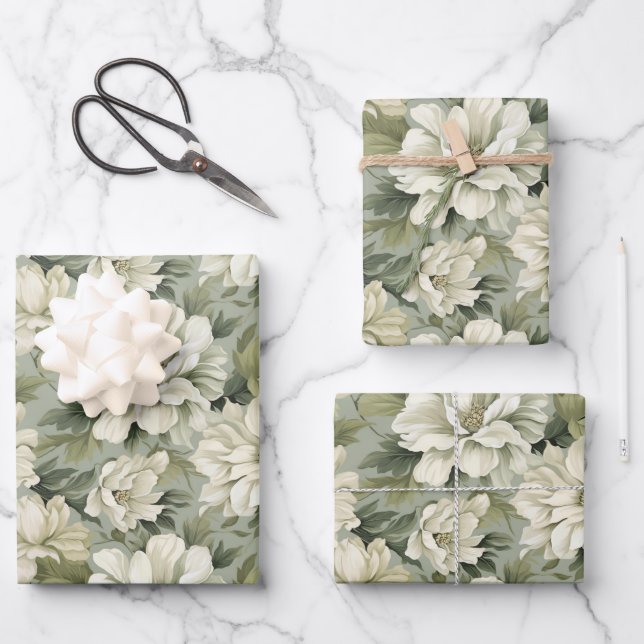 Bohemian sage green flowers wrapping paper sheet (Front)