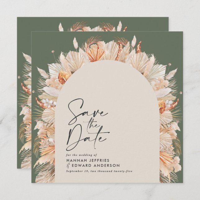 Bohemian sage green pampas grass stylish trendy save the date (Front/Back)