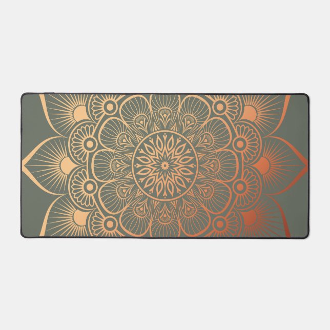 Bohemian Sage Green Peach Mandala Desk Mat (Front)