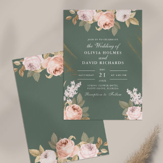 Bohemian Sage Green Peonies Wedding Invitation