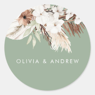 Bohemian Sage Modern Floral Wedding Name Classic Round Sticker