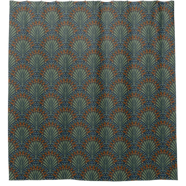 Bohemian Scallops Fan, Olive, Rust, Navy Blue Shower Curtain (Front)