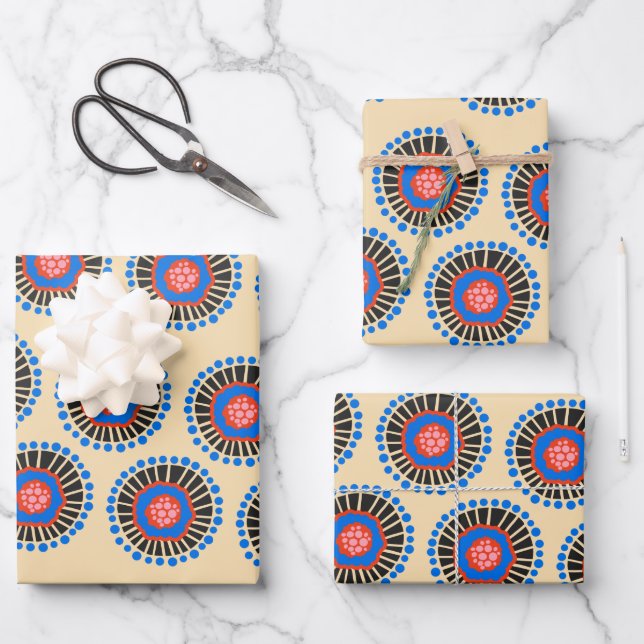 Bohemian Scandinavian Shapes in Red Blue and Black Wrapping Paper Sheet (Front)