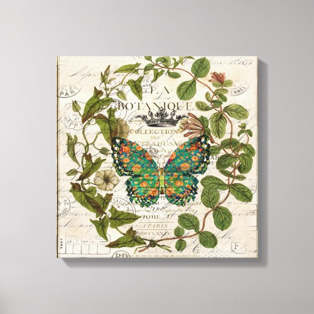 bohemian scripts french botanical butterfly canvas print (Front)