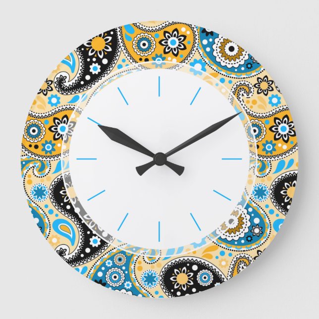 Bohemian Seventies Retro Blue and Gold Paisley Large Clock (Front)