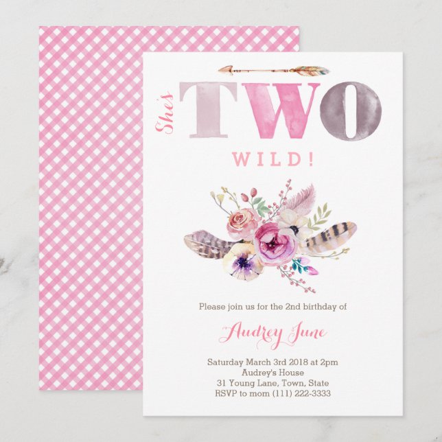 Bohemian She's TWO Wild 2nd birthday Party, Girl Invitation (Front/Back)