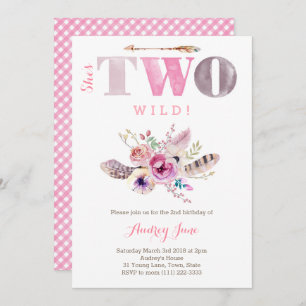 Bohemian She's TWO Wild 2nd birthday Party, Girl Invitation