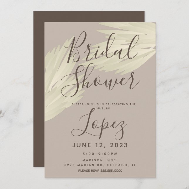 Bohemian Simple Pampas Bridal Shower Beige Brown Invitation (Front/Back)