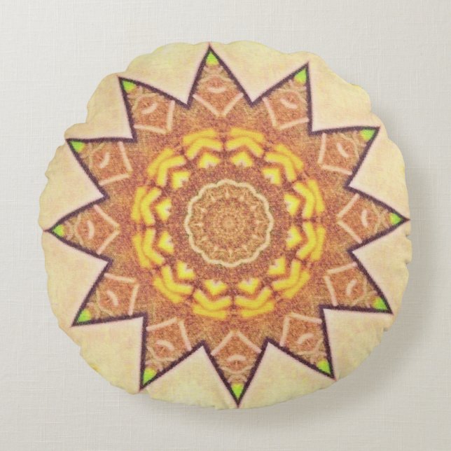 Bohemian Star in Yellow and brown Round Cushion (Front)
