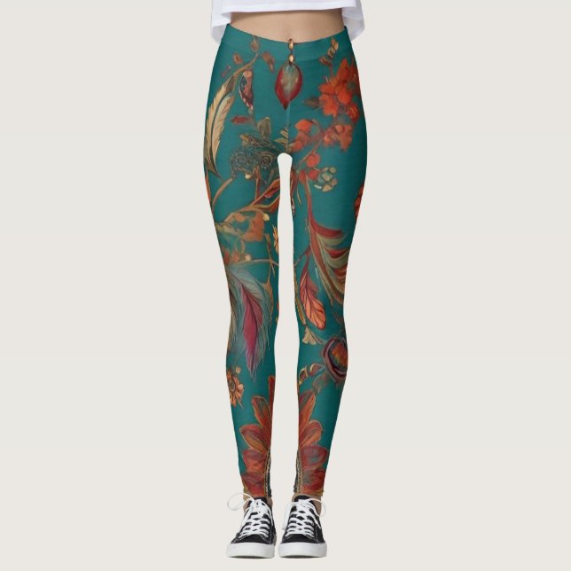 Bohemian Style Emerald & Ruby Feather Print Leggings (Front)