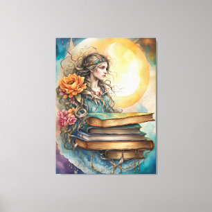 Bohemian Style Lady, Moon, Flowers and Books  Canvas Print