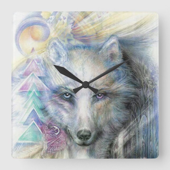 Bohemian Style Wolf Square Wall Clock (Front)