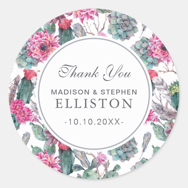 Bohemian Succulent & Floral | Thank You Classic Round Sticker (Front)