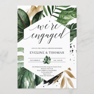 Bohemian summer tropical leaves engagement invitation