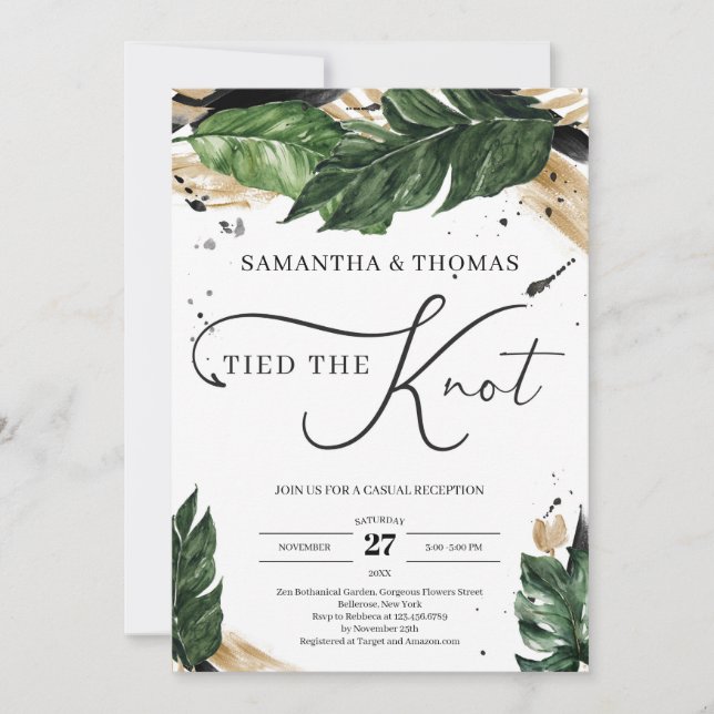 Bohemian summer tropical leaves gold tied the knot invitation (Front)