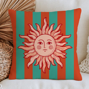 Bohemian Sun Face on Teal& Terracotta Stripes Cushion