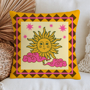 Bohemian Sun Face Yellow& Pink Mystical Celestial Cushion