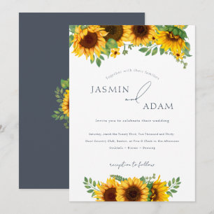 Bohemian Sunflower Floral Slate Blue Wedding Invitation