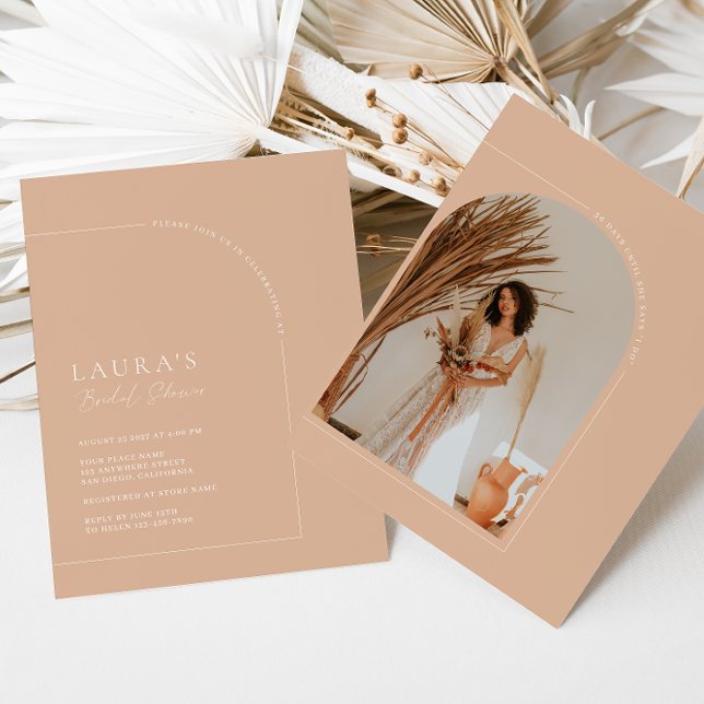 Bohemian Tan Minimalist Arch Photo Bridal Shower Invitation (Creator Uploaded)