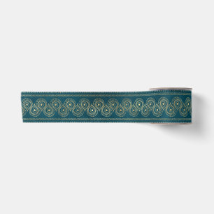 Bohemian Teal and Gold Foil Peacock Pattern Satin Ribbon