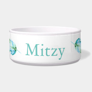 Bohemian Teal Blue Watercolor Feathers Pet's Name