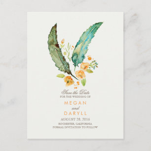 Bohemian Teal Feathers Rustic Save the Date Announcement Postcard