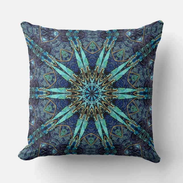 Bohemian Teal Floral Star Pattern Throw Pillow (Front)