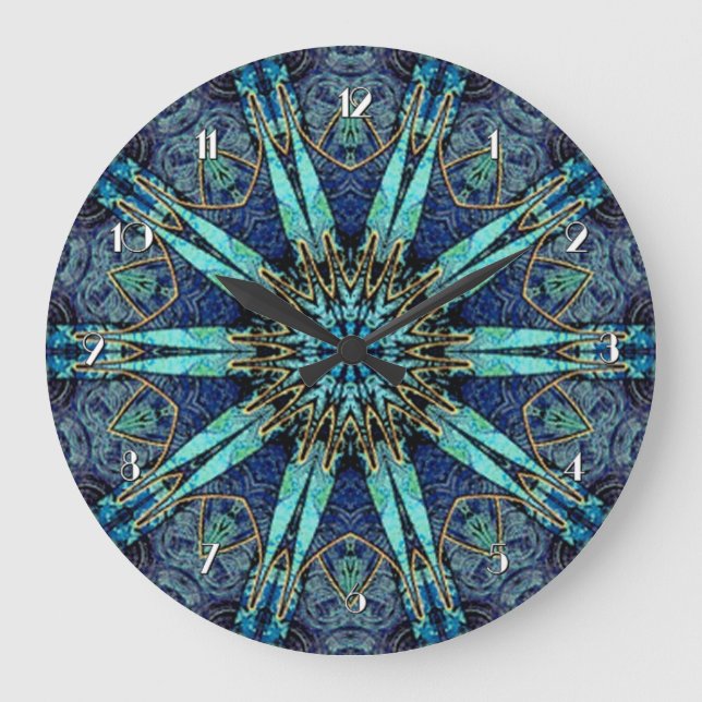 Bohemian Teal Floral Star Pattern Wall Clock (Front)